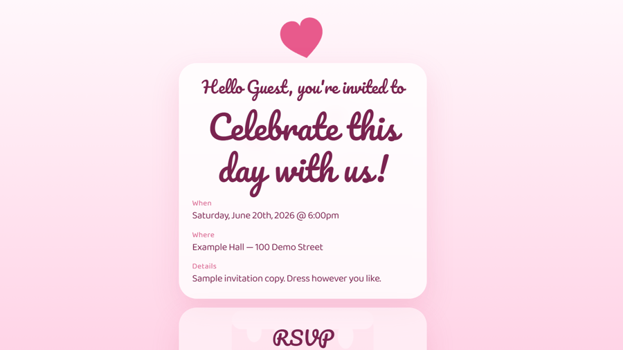 Pink event invitation with a guest greeting, celebration details, and an RSVP card.